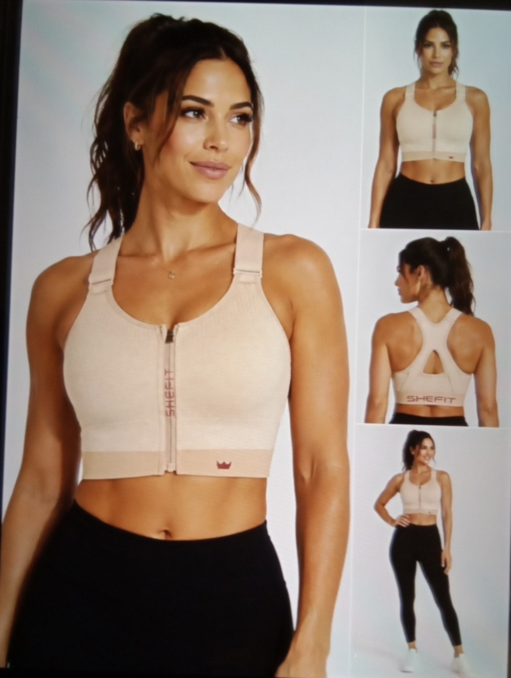 SHEFIT Low Impact Sports Bra 1Lixe Heathered Tan Front Zip Wide Straps